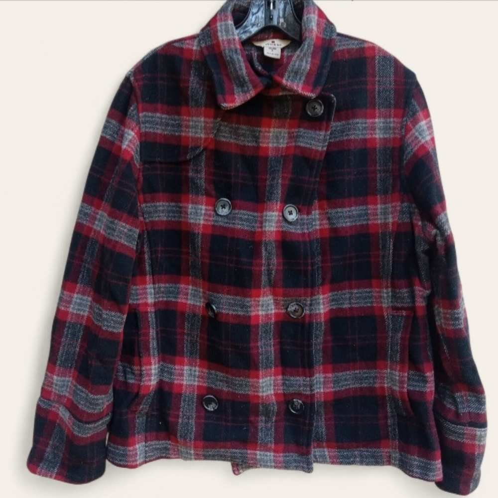 Woolrich Wool Blend Double Breasted Red Black Plaid Peacoat Size Small
